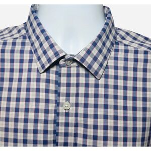 UNTUCKit Egrivin Mens Large Navy Tan Check Stretch Button Down Shirt Long Sleeve